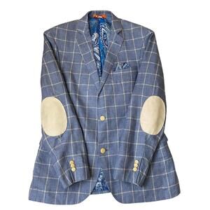 Tallia Mens Windowpane Plaid Elbow Patch Linen Blazer Sport Coat 38R Blue Check